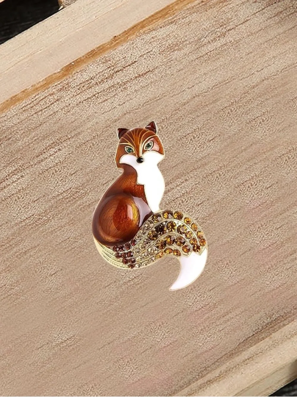 Brown and White Fox Brooch with Amber Crystals